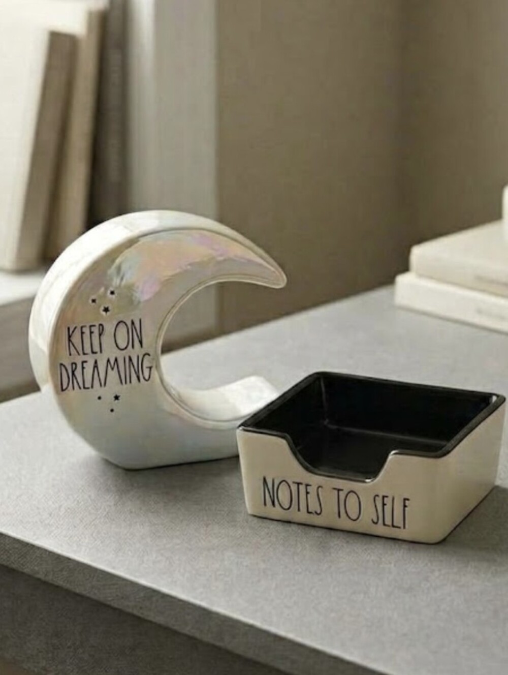 Rae Dunn Iridescent Moon Figurine/Paperweight & Note Holder Set